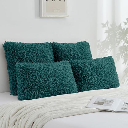 FUTEI Teal Decorative Throw Pillow Covers 24x24 Inch Set of 2,Soft Fluffy Faux Wool Fur Boucle Textured European Cushion Case,Modern Home Decor for Couch Bed Living Room Office