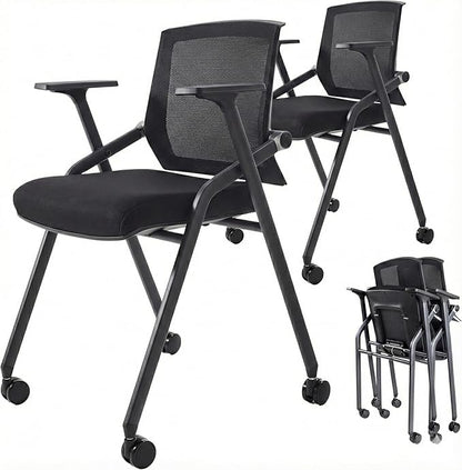 8 Pack Stackable Conference Room Chairs with Paddle Folding Office Chair Foldable Desk Chair Mesh Back and Arms for Conference Meeting Guest Reception Home Office Training Room Chair Black