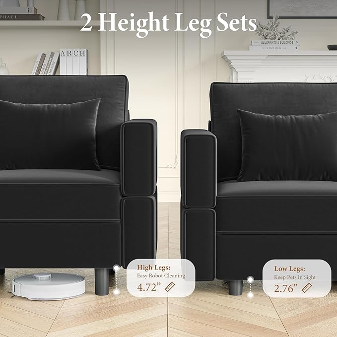 Vesgantti Sectional Couches with Storage Seats, 118" L Shaped Convertible Modular Sectional Sofa, 4 Seat & 1 Ottoman Velvet Storage Chaises Deep Seat Couch for Living Room, Bedroom, Apartment, Black