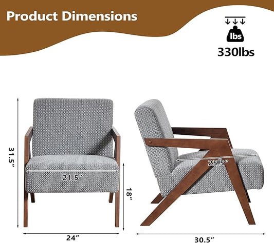 Bonzy Home Mid-Century Modern Accent Chair with Solid Wood Frame, Upholstered Armchair for Bedroom & Living Room,Reading Side Chair with Soft Lien Fabric Cushion,Easy Assembly,Light Grey