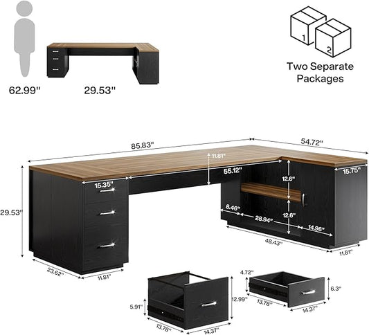 Tribesigns 85.8-Inch L-Shaped Executive Desk with File Drawers, Door Cabinet & Shelves, Extra Large Commercial Office Desk, Modern Professional Office Table, Business Furniture, Warm Brown & Black
