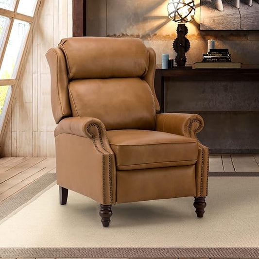 HULALA HOME Genuine Leather Recliner Chair, Traditional Manual Pushback Comfy Seating for Living Room, Thick Cushion & Solid Wood Legs, Wingback Recliner with Nailhead Trim, Camel