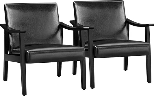 Yaheetech PU Leather Accent Chair, Mid-Century Modern Armchair with Solid Wood Legs, Reading Leisure Chair with High Back for Living Room Bedroom Waiting Room, 2 Pieces, Black