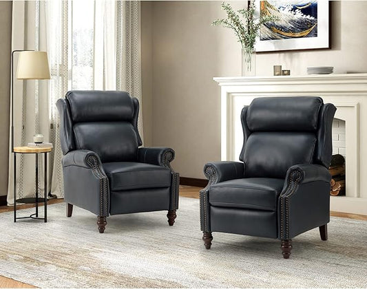 HULALA HOME Genuine Leather Recliner Chair, Traditional Manual Pushback Comfy Seating for Living Room, Thick Cushion & Solid Wood Legs, Wingback Recliner with Nailhead Trim, Navy-S2