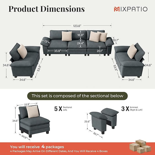 Cloud Couch Sectional Sofa Set, Plush 24.4-Inch Deep 5-Seat Sectional with Velvety Chenille & Removable Arms for Living Room and Apartment, Cyan