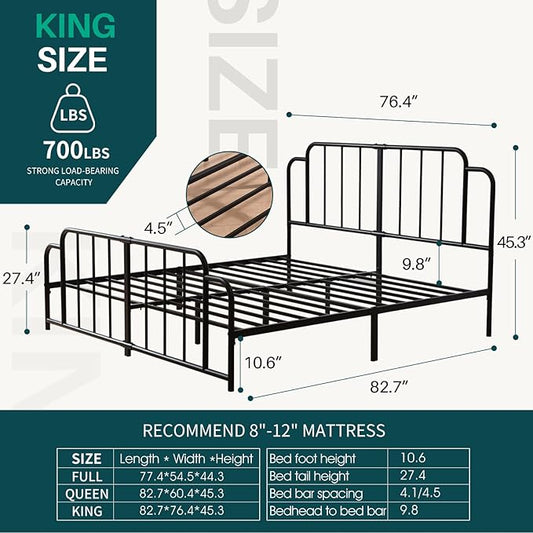 PINJU Metal Platform Bed Frame with Headboard and Footboard, Classic Style, Sturdy Metal Slats, No Box Spring Needed, Easy Installation (Black, King)