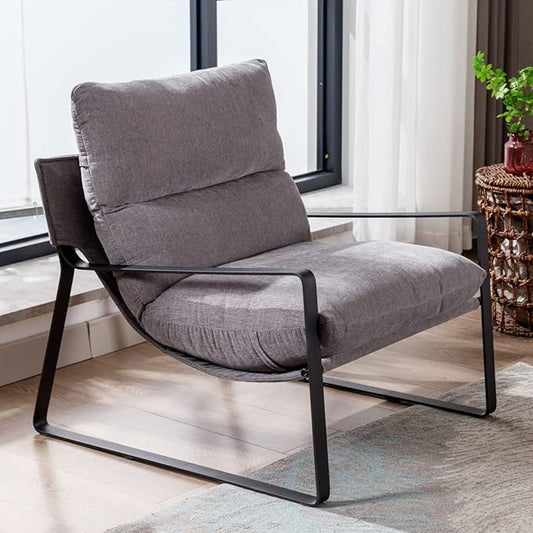 LukeAlon Modern Linen Accent Armchair, Upholstered Living Room Chair with Metal Base Thickened Cushion Single Sofa Chair Comfy Lounge Chair for Bedroom Living Room, Grey