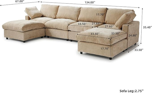 WJShome U Shaped Sectional Couch 134 Inch 4-Seater Modern Modular Sofa with 2 Ottoman,Chenille Deep Seat Couches for Living Room, Bedroom and Apartment，Khaki