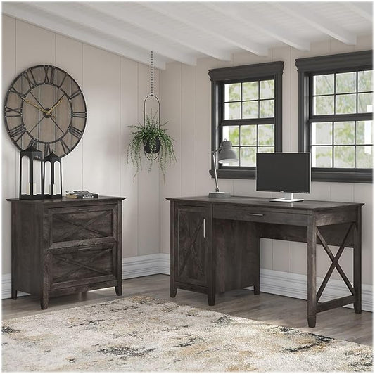 Bush Furniture Key West 54W Computer Desk with Storage and 2 Drawer Lateral File Cabinet in Dark Gray Hickory