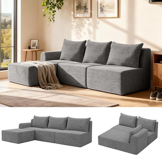 JSLOVE Modular L-Shape Sectional Sofa with Chaise, 3 Seat Movable Boneless Cloud Couch in One Box, Sofa Couch Bed with Ultra-Soft Corduroy Fabric, No Assembly Required for Living Room, Bedroom(Grey)