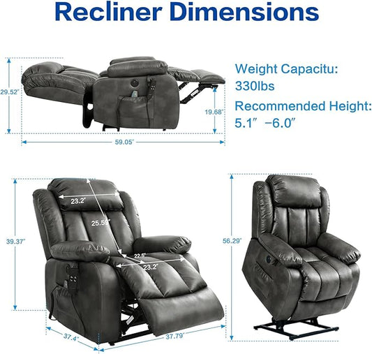 MAEVIS Power Recliner Chair, Lay Flat Sleeping Lift Chairs Recliner for Elderly with Heat and Massage,Comfy Real Breathable Leather Recliners with Dual OKIN Motor for Living Room (Silver Grey)