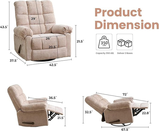 Oversized Swivel Rocker Recliner with Massage and Heat, 26" Extra Wide Manual Recliner for Adults & Big Man, Overstuffed Rocking Chair with High Back for Living Room, Beige Chenille