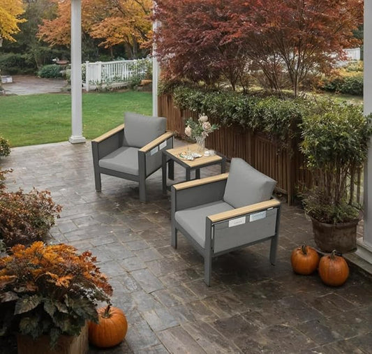 Corinth 3-Piece Aluminum Patio Conversation Set - Outdoor, Porch, Balcony, Yard, Gardern, All Weather, 2 Comfortable Sofa and 1 Coffee Table, Grey