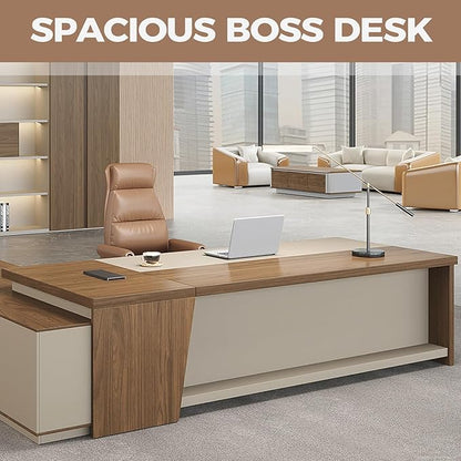 Modern L Shape Executive Desk with Drawers and Lockable Storage Cabinet, Large Executive Office Desk with Cable Management (Champagne Wood Grain+Beige/Right,79" L*63" W*30" H)