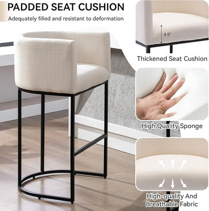 Contemporary Cream Linen Bar Stools Set of 4, 32" Upholstered Fabric Counter Height Bar Stools Kitchen Counter Island Stools with Black Metal Base