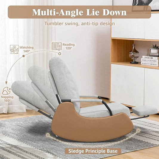 Upholstered Recliner Rocking Chair Nursery with Adjustable Backrest and Footrest, Comfy Corduroy Foldable Glider Chair for Bedroom & Living Room, Beige