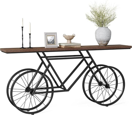 LITTLE TREE Narrow Sofa Table, 70.9-Inch Extra Long Console Table for Living Room, Entryway, with Unique Bicycle Metal Base. Rustic Brown
