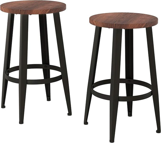 Lavish Home Set of 2 Counter-Height Bar Stools – Modern Backless Seating Set with Metal Bases and Wood Seats for Kitchens or Dining Rooms (Brown)