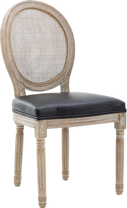Farmhouse Leather Dining Room Chairs Set of 2 French Dining Chairs with Round Rattan Back French Bistro Chairs for Dining Room/Living Room/Kitchen/Restaurant, Black