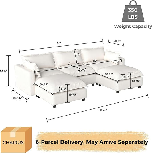 chairus 97" Modular Sectional Sofa with 2 Moveable Ottoman Upholstered Deep Seat Linen Couch Set with Soft Pillows U Shaped Sofa Couch for Living Room, Apartment, Reception Room, 3-Seater/White