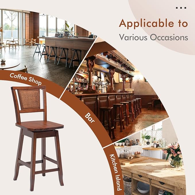 COSTWAY Bar Stools Set of 4, 24.5 Inch Counter Height Bar Stool with Rattan Back, 360°Swivel Seat, Comfortable Footrests, Rubber Wood Bar Stools for Kitchen Island, Dining Room, Cafe, Pub (4)