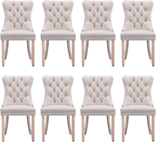 Velvet Upholstered Dining Chairs Set of 8, Modern Style Kitchen Side Chairs with Nailhead Trim and Wood Legs,Metal Pulling Ring for Dining Room Living Room(Beige)