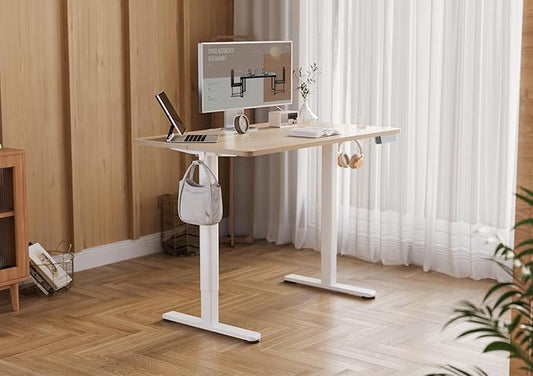 YDN Electric Standing Desk Adjustable Height, 48 x 24 Inches Stand up Desk with Cable Management, Home Office Desks with Splice Board & White Frame, Nature Top
