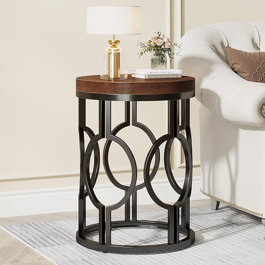 Tribesigns Round End Table, Industrial SideTable with Metal Hollow Frame, Small Bedside Table Nightstand for Living Room, Bedroom, Easy Assembly (Rustic Brown,1PC)