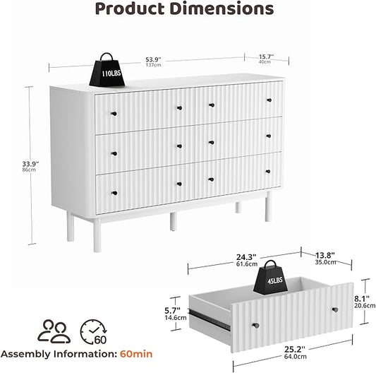 RECCI Fluted 6 Drawers Dresser for Bedroom, 54" Wide Chest of Drawers with 3D Fluted Panel, Faux Marble Top, Solid Wooden Legs, Storage Drawers, TV Stand, Closet Chests for Bedroom, White