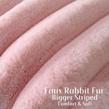FUTEI Pink Decorative Throw Pillow Covers 22x22 Inch Set of 2, Square Soft Faux Rabbit Fur Thick Striped Cushion Cover,Winter Home Decor for Couch Bed Living Room