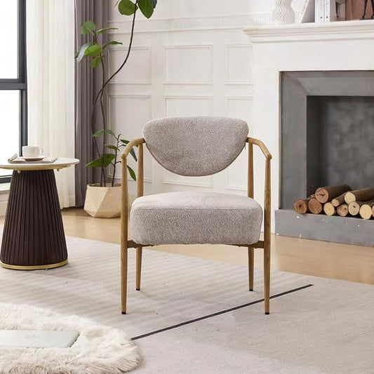 Modern Accent Chair, Beige Woven Fabric Armchair with Wood Grain Metal Frame, Comfortable Single Seating for Living Room, Dining Room, Bedroom, and Cafe, 24.8" W x 24.8" D x 29.1" H