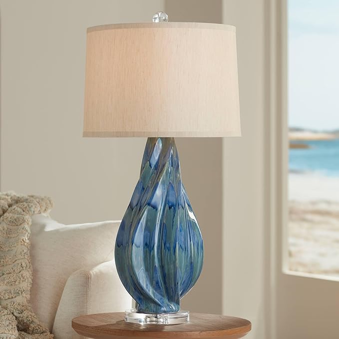 Possini Euro Design Teresa Modern Coastal Table Lamp 31" Tall Teal Blue Drip Ceramic Beige Fabric Drum Shade Decor for Bedroom Living Room House Bedside Nightstand Home Office Entryway Family