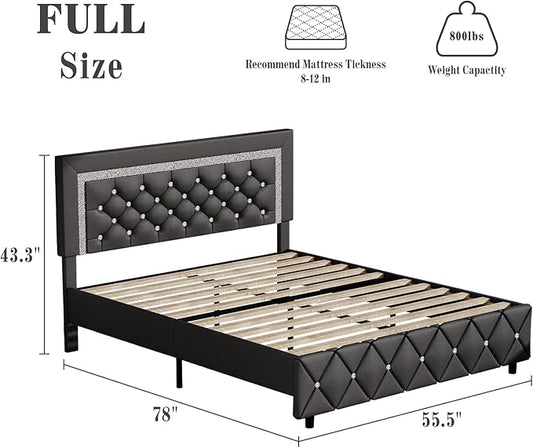 BarnFurin Full Bed Frame with Diamond Tufted Headboard, Faux Leather Upholstered Bed with Wooden Slats Support, No Box Spring Needed, Mattress Foundation, Easy Assembly, Gray