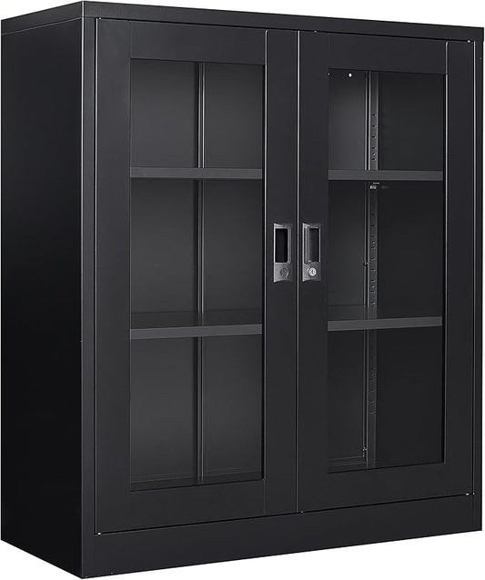 SISESOL Black Metal Storage Cabinet with Doors and Shelves,36 inch Locking Display Cabinet with Acrylic Doors,Office Cabinets with Lock,Sideboard Cabinets for Home Office,Living/Dining/Utility Room,
