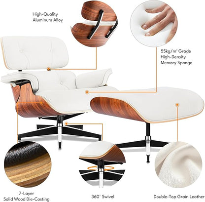 Top Grain Leather, Mid Century Chaise Lounge Chair and Ottoman, Modern Chair Classic Design, Heavy Duty Base Support for Living Room Study Lounge Office, Palisander-White