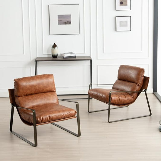 HEAH-YO Modern Accent Chairs Set of 2, Upholstered PU Fuax Leather Living Room Chairs with Bronze Metal Legs, Comfy Arm Side Chairs for Bedroom, Brown