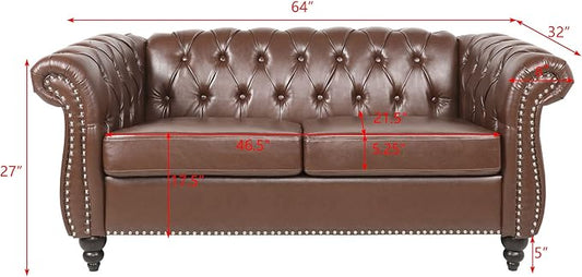 LEVNARY Leather Sofa, Chesterfield Tufted Upholstered 2 Seater Couch, Modern Loveseat Couch Classic Furniture for Living Room Bedroom (Dark Brown)