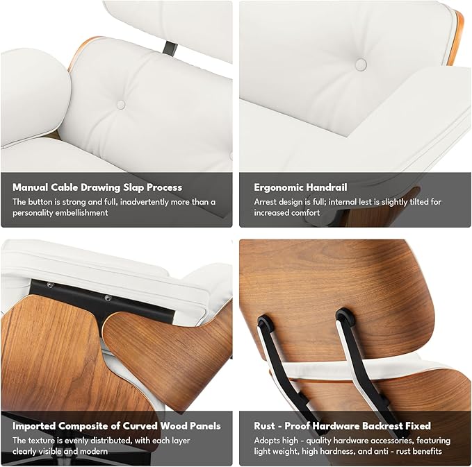 Top Grain Leather, Mid Century Chaise Lounge Chair and Ottoman, Modern Chair Classic Design, Heavy Duty Base Support for Living Room Study Lounge Office, Walnut-White, Heightening