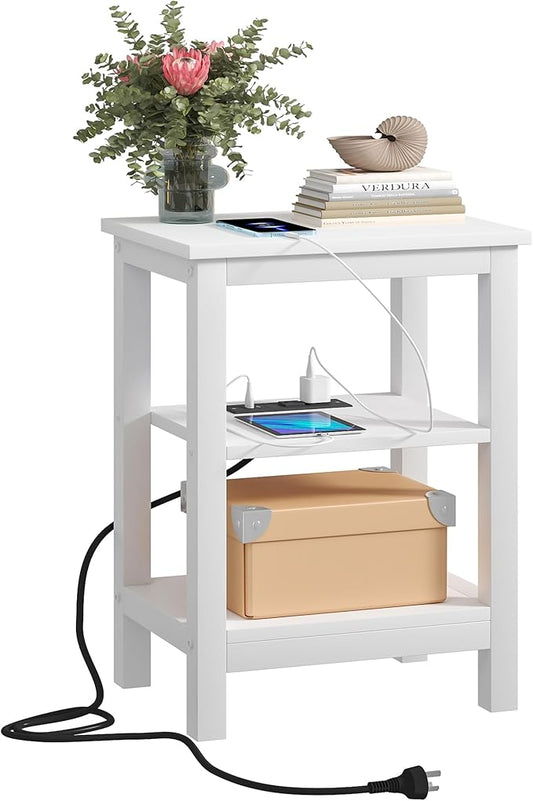 VECELO Modern Nightstands with Charging Station,Side End Table Night Stand with Storage Shelf for Small Spaces, Bedroom,Living Room