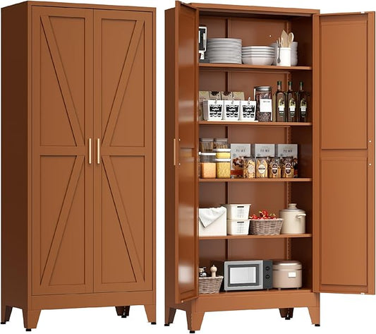 71" Tall Metal Storage Cabinet with 2 Doors and 4 Adjustable Shelves, 5-Tier Kitchen Pantry Storage Cabinet for Kitchen, Living Room, Dining Room and Office, Brown