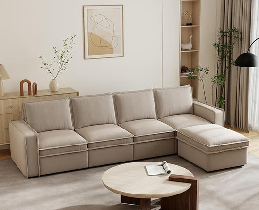 EALSON 119" Modular Sectional Sofa Comfy Cloud Couch with Ottoman Modern Convertible L Shape Couches with Wooden Legs Linen Deep Seat Couch 4-Seater Sofa with Ottoman for Living Room/Apartment,Oatmeal