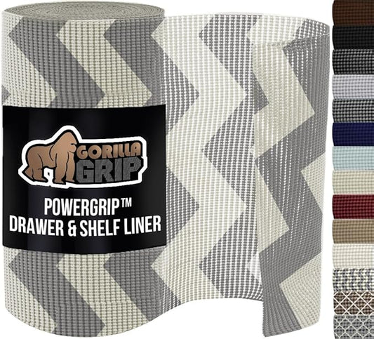 GORILLA GRIP powerGRIP Drawer Shelf and Cabinet Liner, Thick Strong Hold, Non-Adhesive Liners Protect Kitchen Cabinets and Cupboard, Bathroom Drawers, Easy Install, Breathable Mat, 12" x30', Chevron