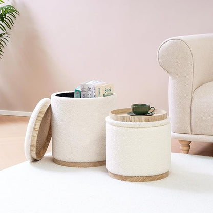 PINPLUS Round Ottoman with Storage Set of 2, Vanity Stool with Tray Storage for Bedroom, Small Teddy Velvet Foot Rest Stool Ottoman for Living Room, Dorm (White)