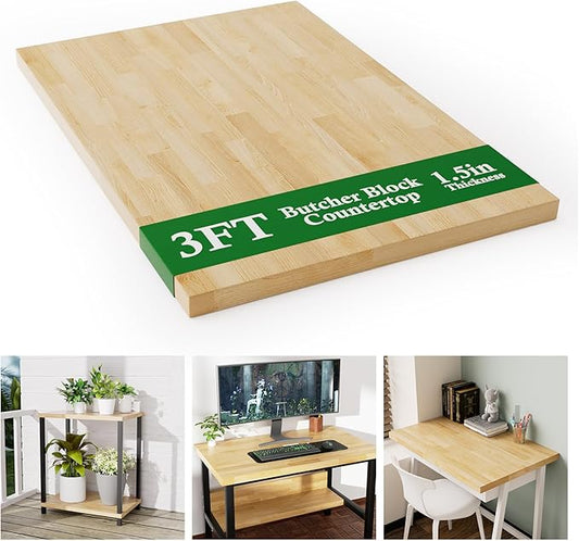 3FT Butcher Block Countertop Birch Solid Wood - 36" x 25" Table Top Butcher Block Cutting Board for Kitchen Island Living Dining Office Desk Workbench Washer Dryer Countertop Unfinished 1.5" Th