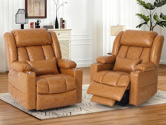 ABCASA Oversized Zero Gravity Power Lift Recliner Chair for Elderly Set of 2, Wide Dual Motor Recliners, Heat & Massage, Charging Ports, Cup Holders, Extended Footrest, PU Leather, Orange Brown