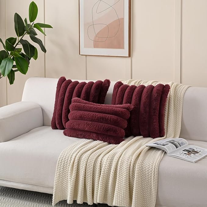 FUTEI Christmas Burgundy Decorative Throw Pillow Covers 18x18 Inch Set of 2, Square Soft Faux Rabbit Fur Thick Striped Cushion Cover,Winter Home Decor for Couch Bed Living Room