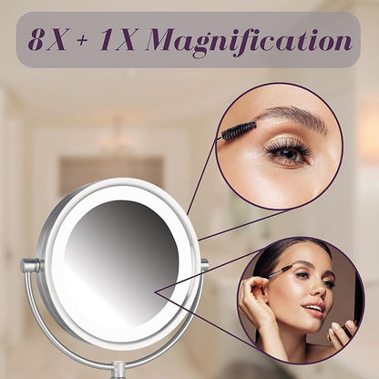 JERDON Lighted Makeup Mirror with Magnification - 1X and 8X Magnification - Nickel Finish - Model HL8808NL