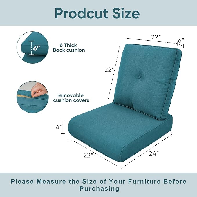 Patio Chair Cushions 6 Packs - Outside High Back Thick Water-Resistant Cushion 22x24 for Outdoor Glider Rocking Chairs Loveseat 3-Seater Couch Sofa – Peacock Green/Buckle