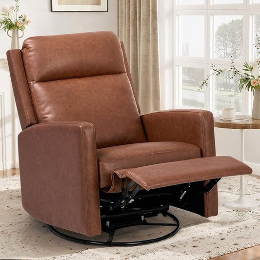 Swivel Rocking Recliner,Wide PU Leather Glider Sofa Chair with Ergonomic High Backrest for Living Room, Bedroom, Office（Cocoa）