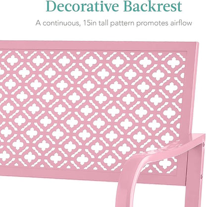 Best Choice Products Outdoor Bench 2-Person Metal Steel Benches Furniture for Garden, Patio, Porch, Entryway w/Geometric Backrest, 790lb Capacity - Pink